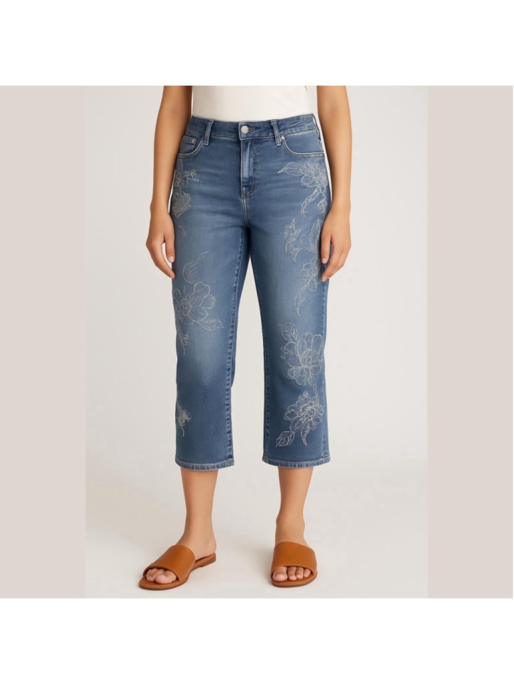 Women's LANE BRYANT Blue Floral Embroidered Girlfriend Crop Jeans Plus 24